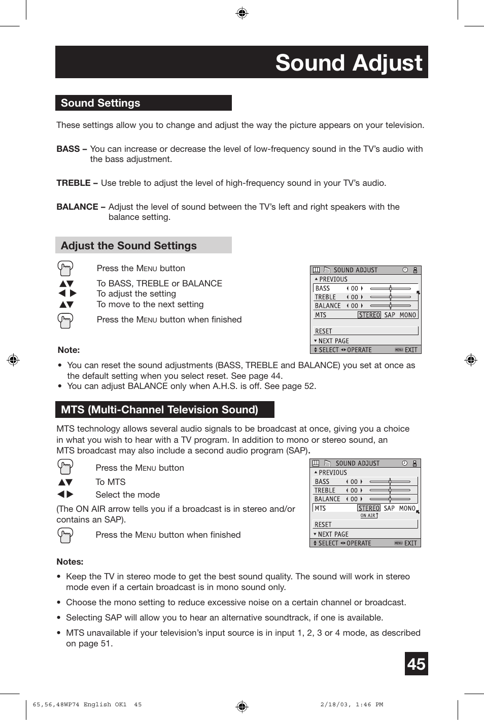Sound adjust | JVC AV 65WP74 User Manual | Page 45 / 64