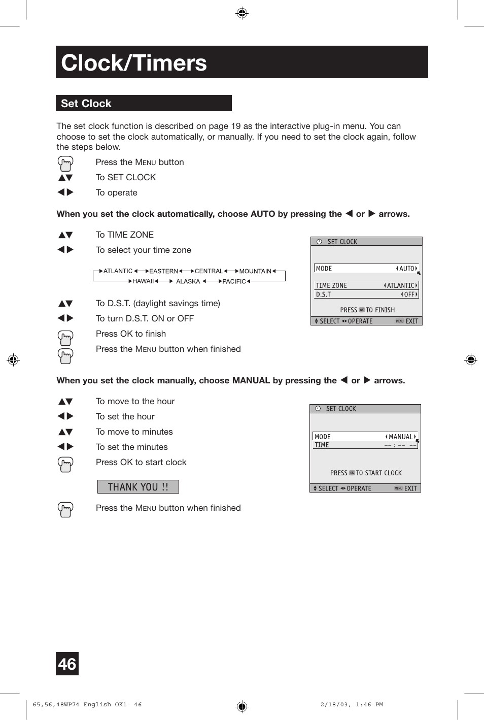 Clock/timers | JVC AV 65WP74 User Manual | Page 46 / 64