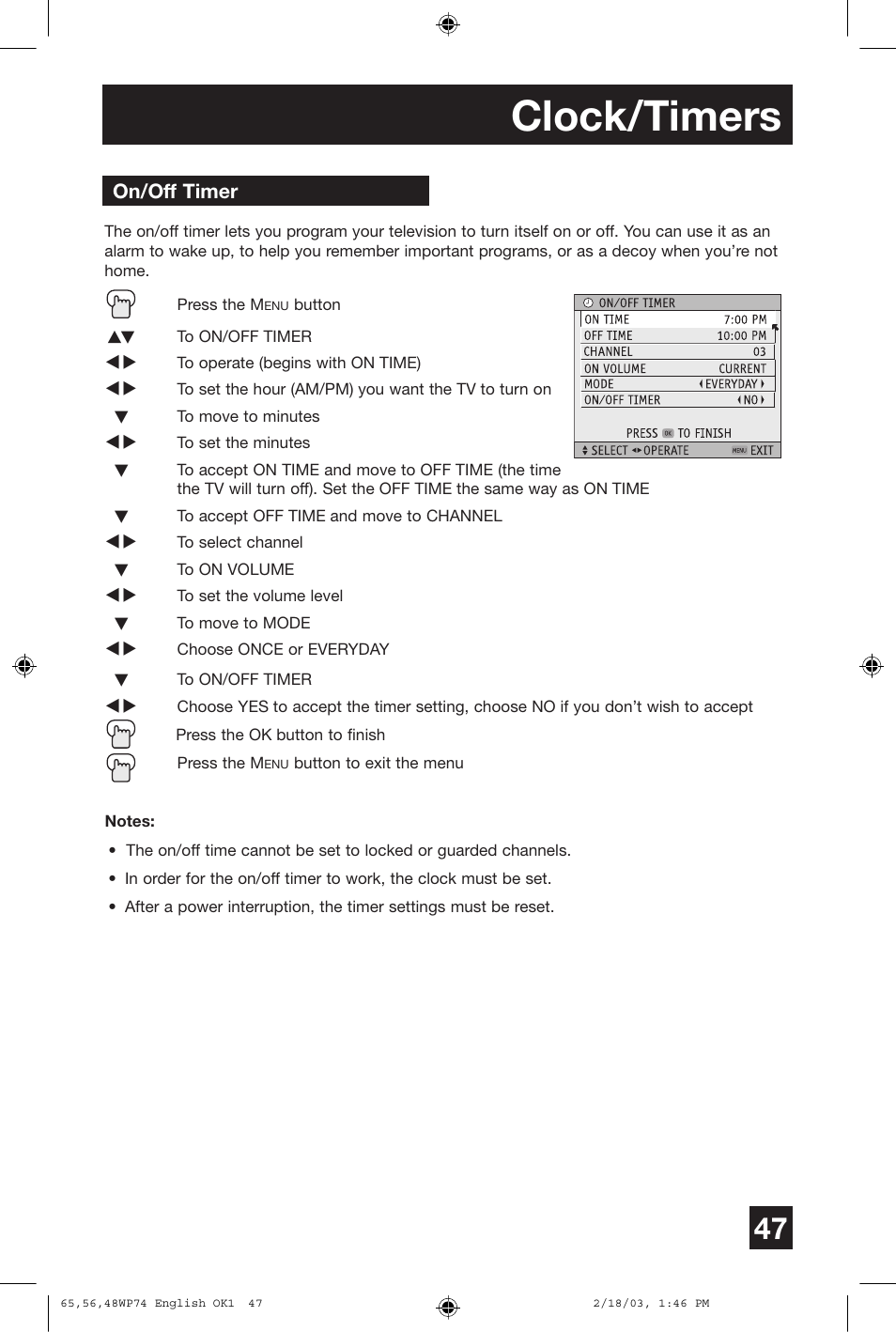 Clock/timers | JVC AV 65WP74 User Manual | Page 47 / 64