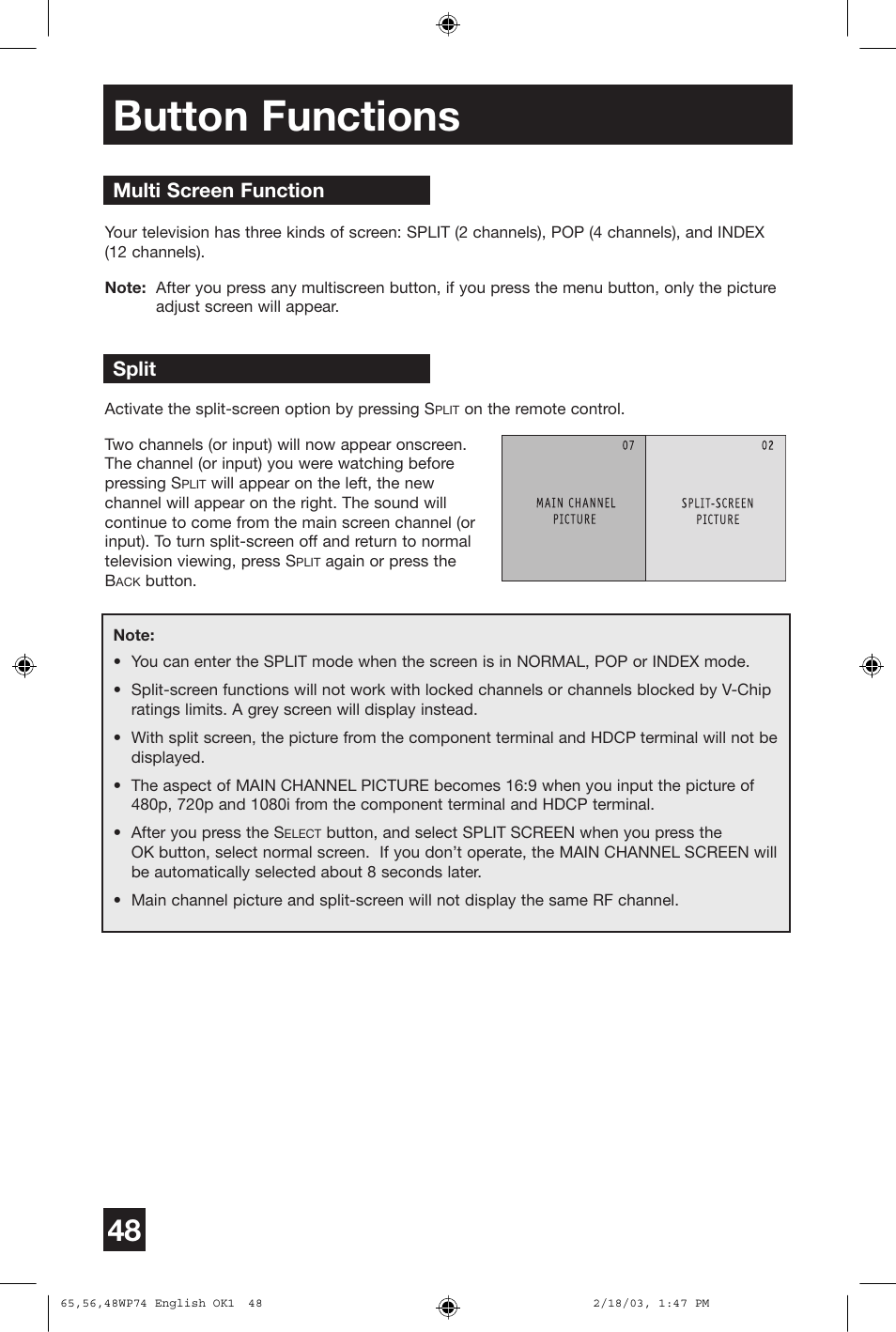 Button functions, Multi screen function split | JVC AV 65WP74 User Manual | Page 48 / 64