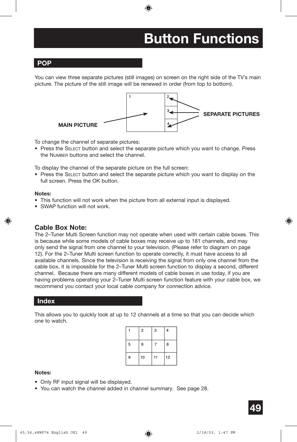 Button functions | JVC AV 65WP74 User Manual | Page 49 / 64