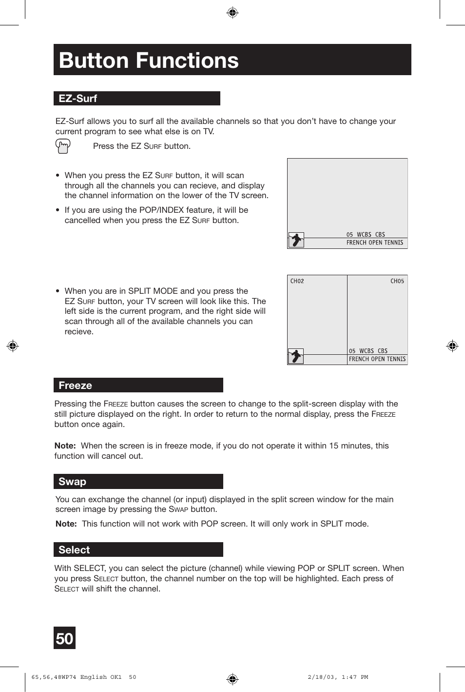 Button functions, Freeze swap, Select | Ez-surf | JVC AV 65WP74 User Manual | Page 50 / 64