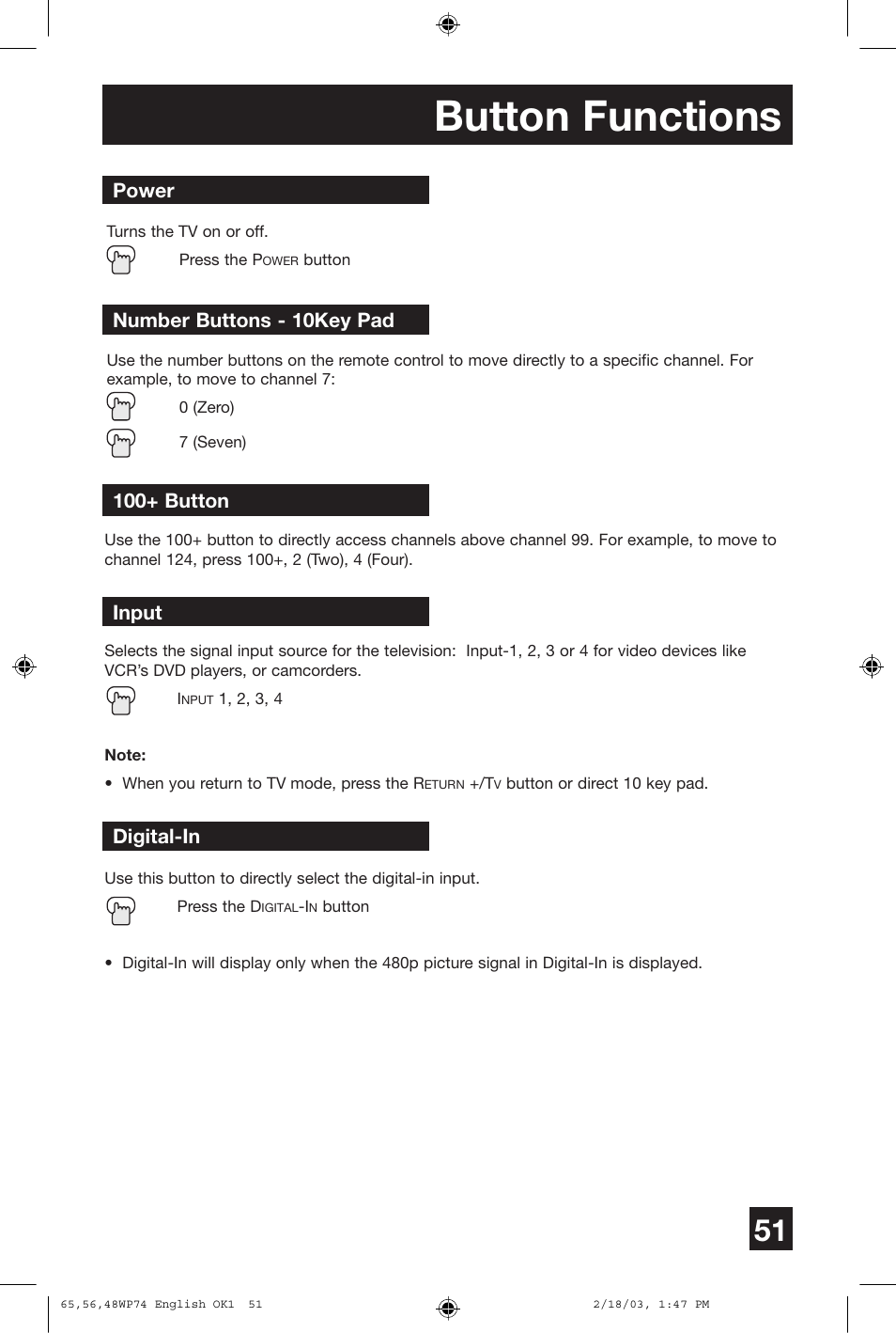 Button functions, Power number buttons - 10key pad, 100+ button | Input digital-in | JVC AV 65WP74 User Manual | Page 51 / 64