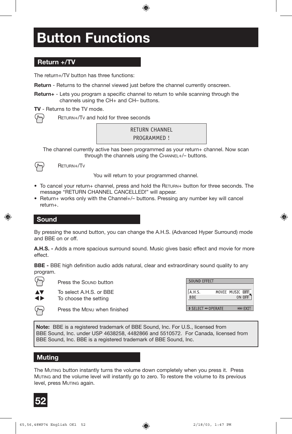Button functions, Return +/tv, Sound | Muting | JVC AV 65WP74 User Manual | Page 52 / 64