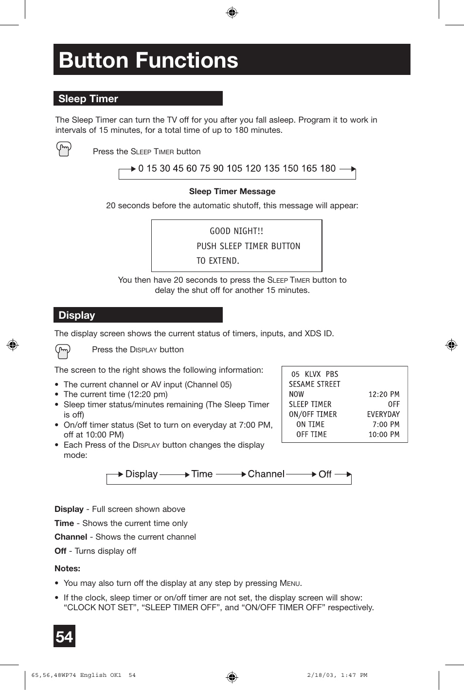 Button functions, Sleep timer, Display | JVC AV 65WP74 User Manual | Page 54 / 64