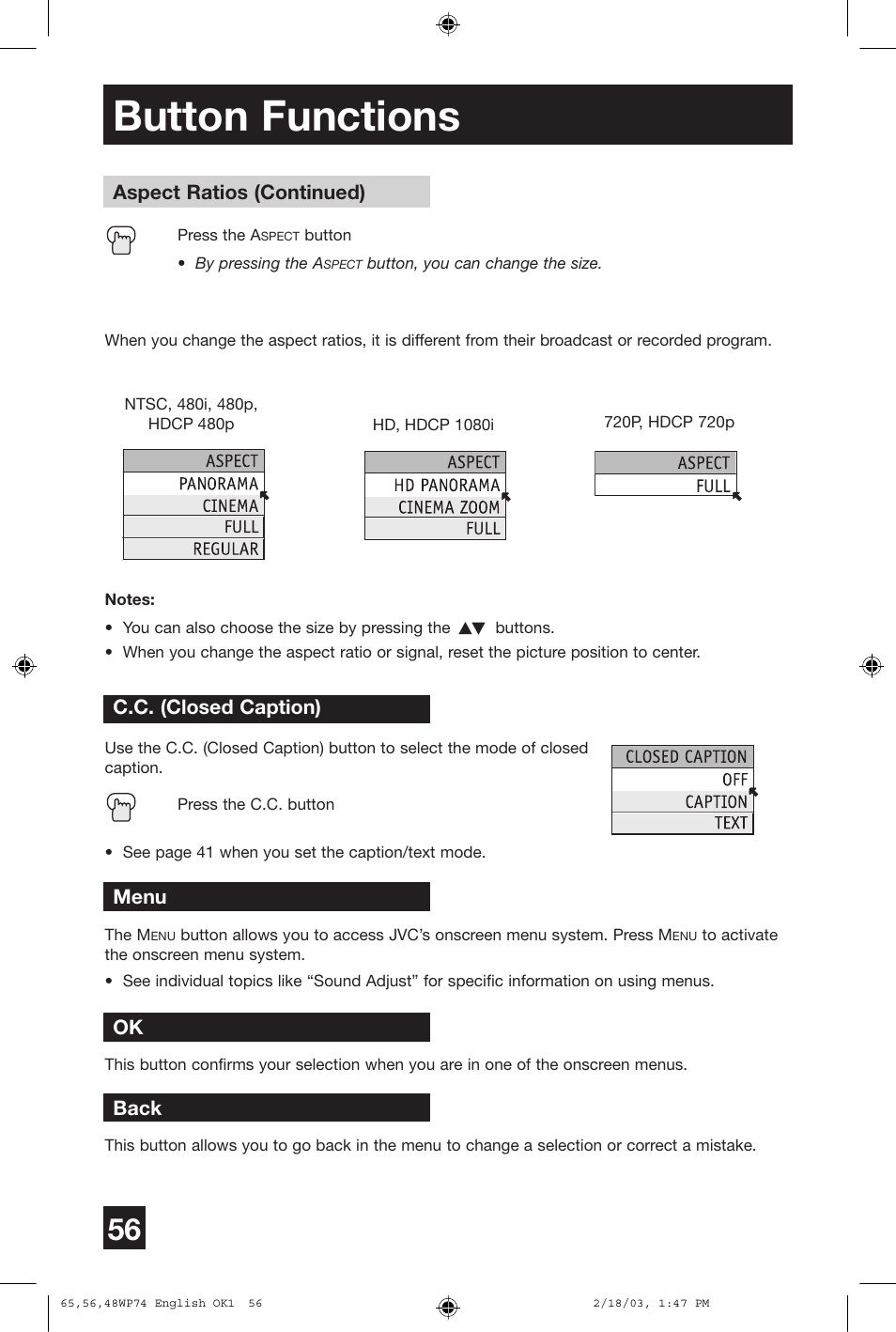 Button functions | JVC AV 65WP74 User Manual | Page 56 / 64