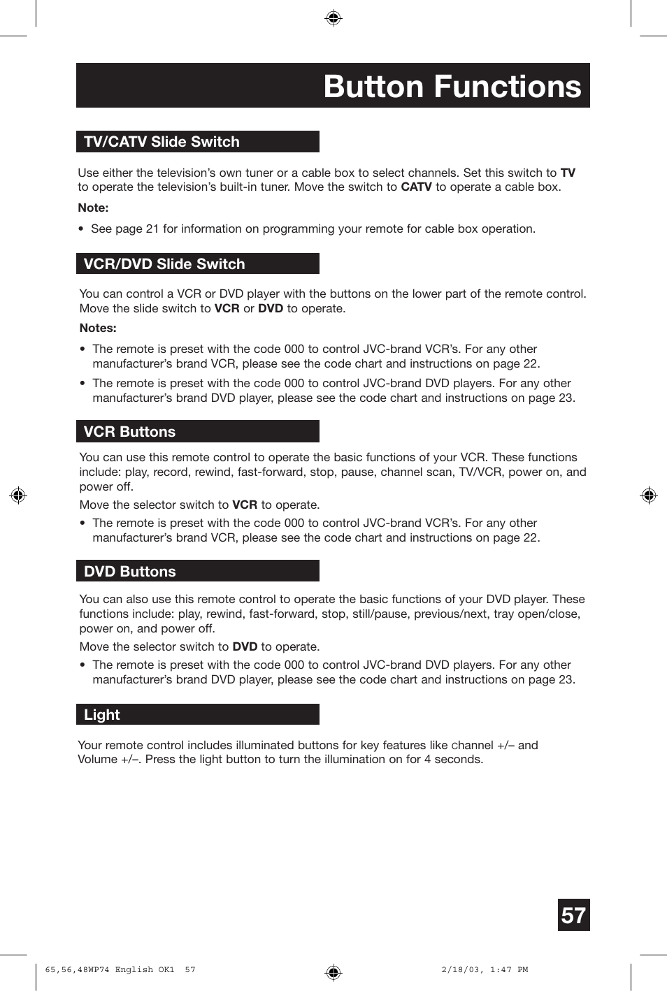 Button functions | JVC AV 65WP74 User Manual | Page 57 / 64