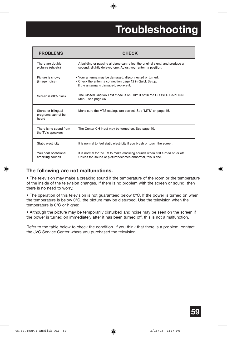 Troubleshooting | JVC AV 65WP74 User Manual | Page 59 / 64