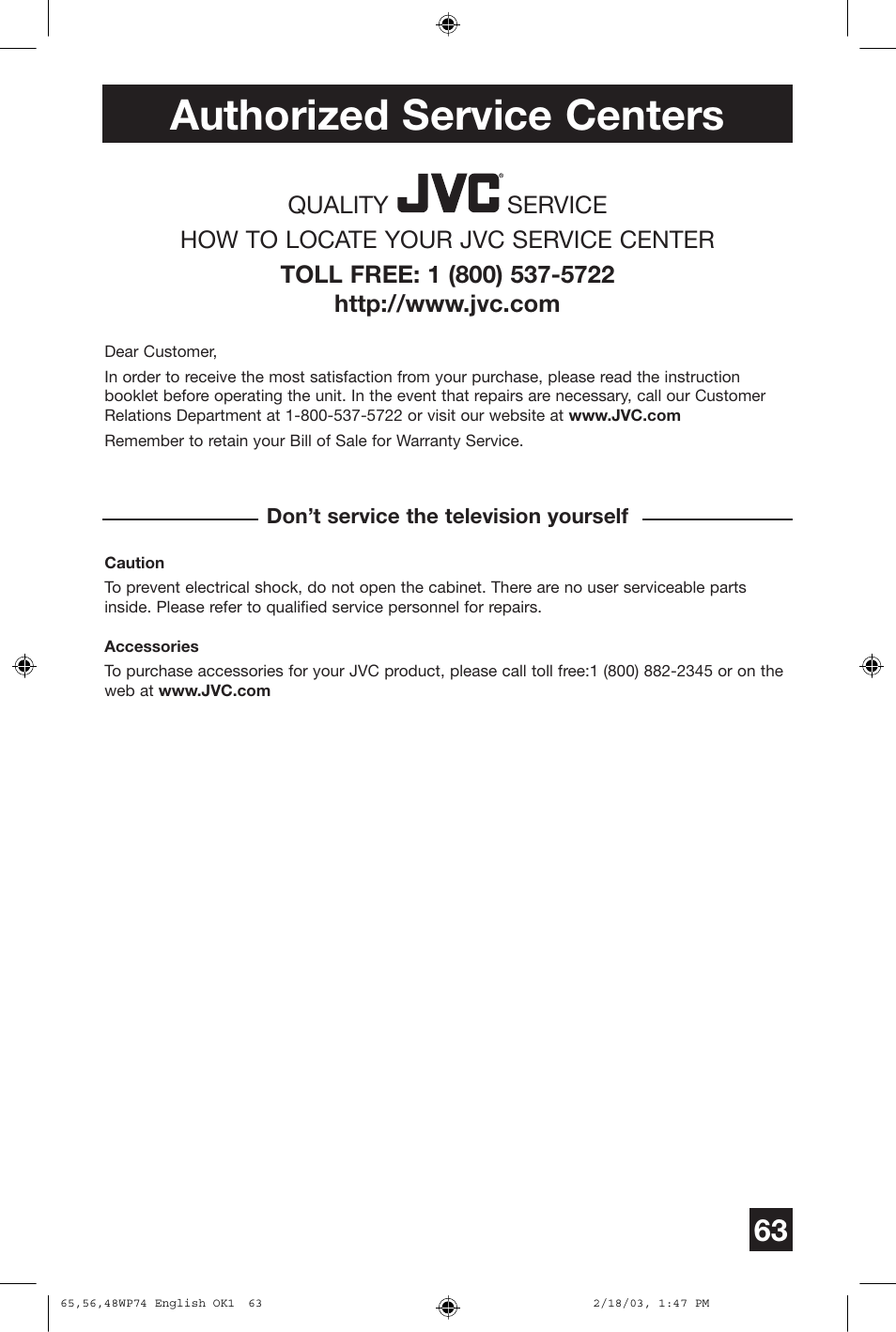 Authorized service centers | JVC AV 65WP74 User Manual | Page 63 / 64