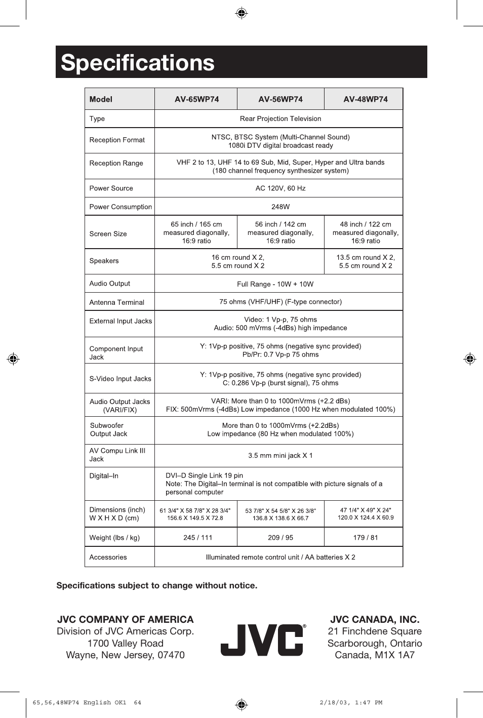 Specifications | JVC AV 65WP74 User Manual | Page 64 / 64