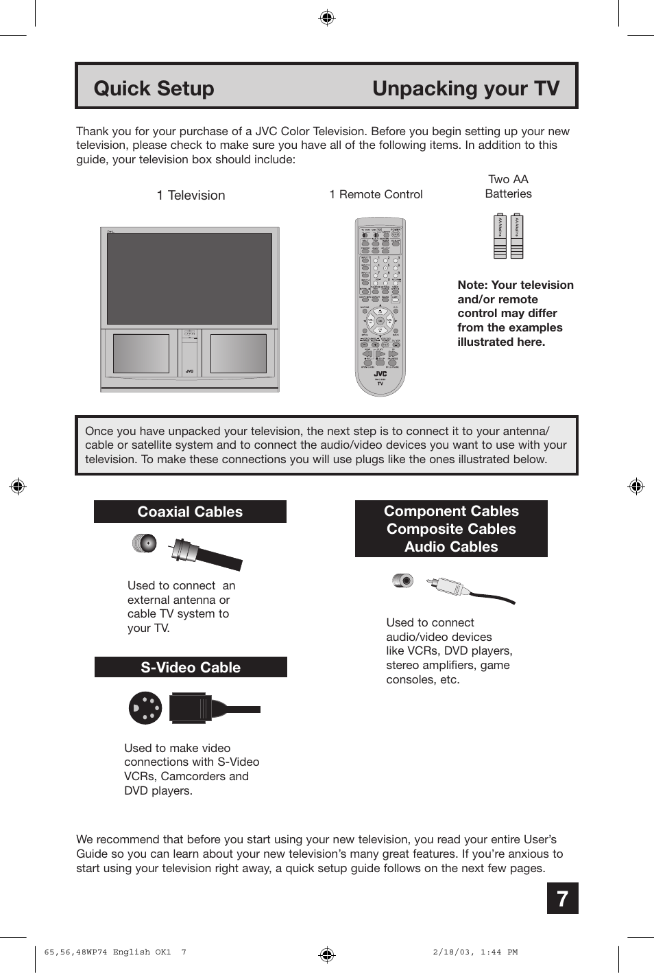 Quick setup, Quick setup unpacking your tv | JVC AV 65WP74 User Manual | Page 7 / 64
