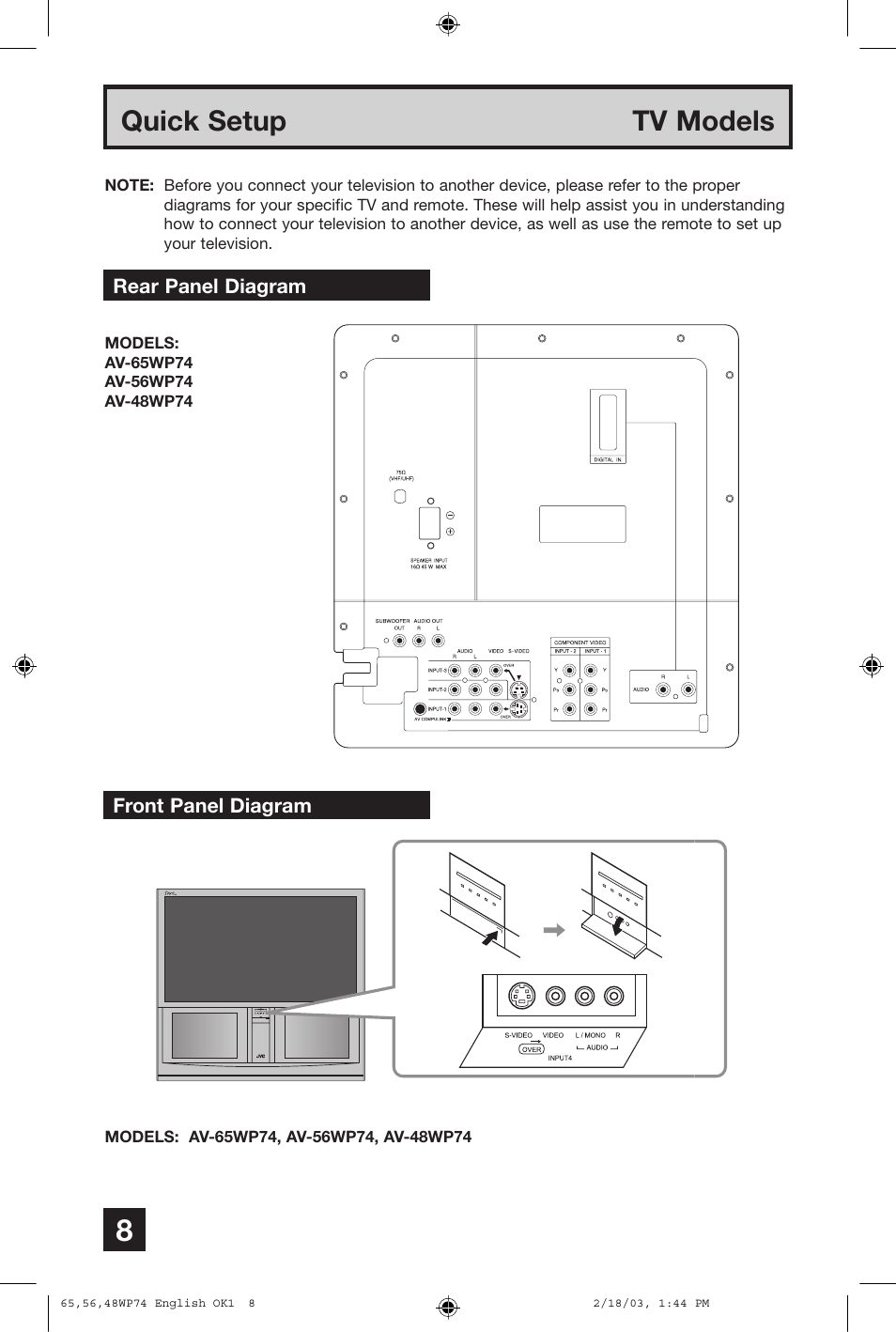 Quick setup tv models | JVC AV 65WP74 User Manual | Page 8 / 64
