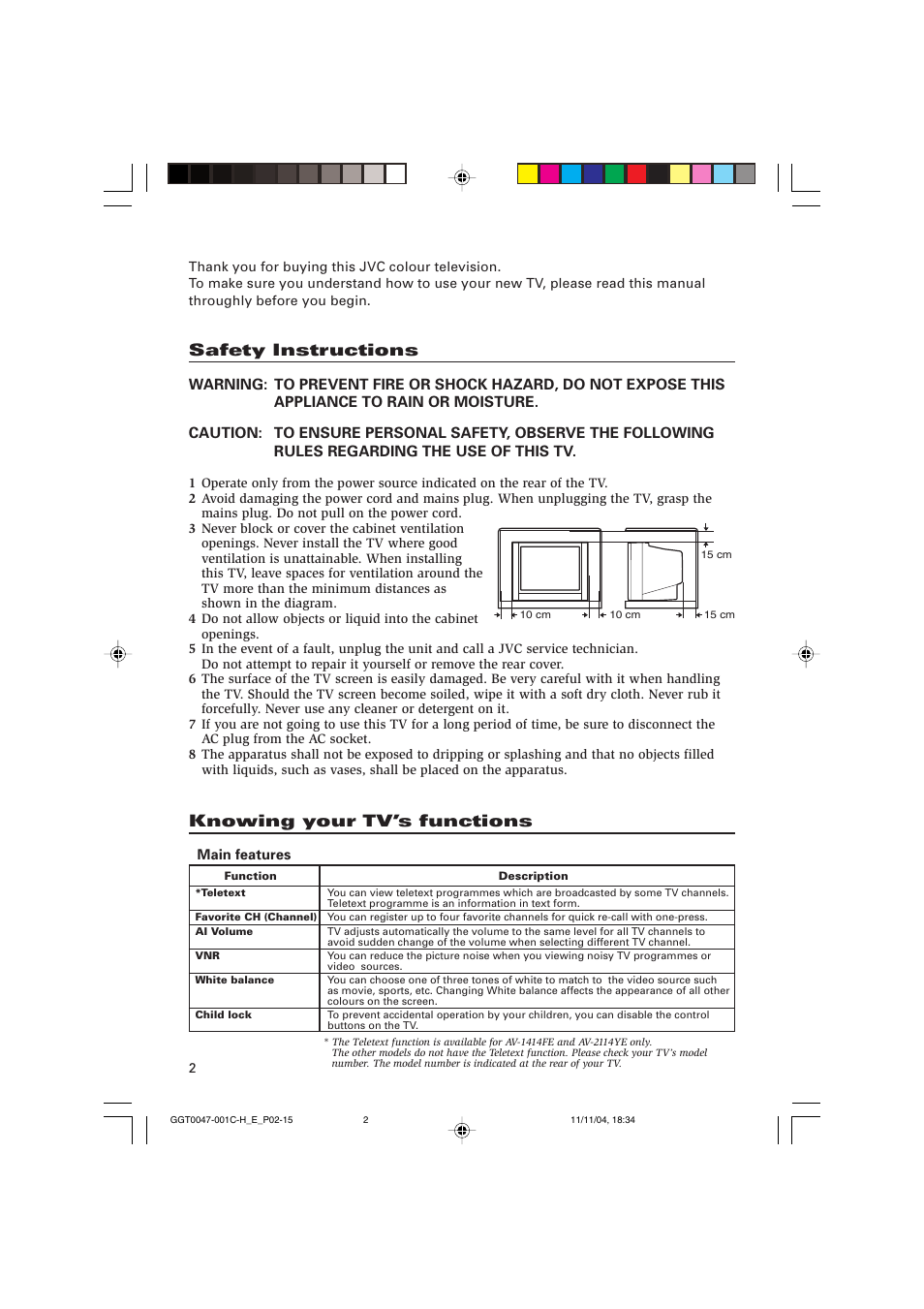 Safety instructions, Knowing your tv’s functions | JVC AV-2103YE User Manual | Page 2 / 16