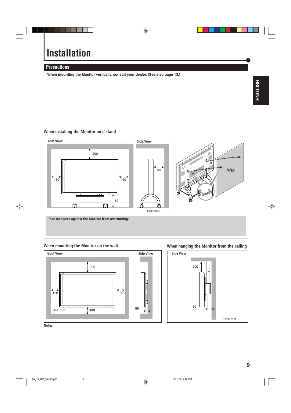 Installation, Precautions | JVC GM-V42E User Manual | Page 10 / 43