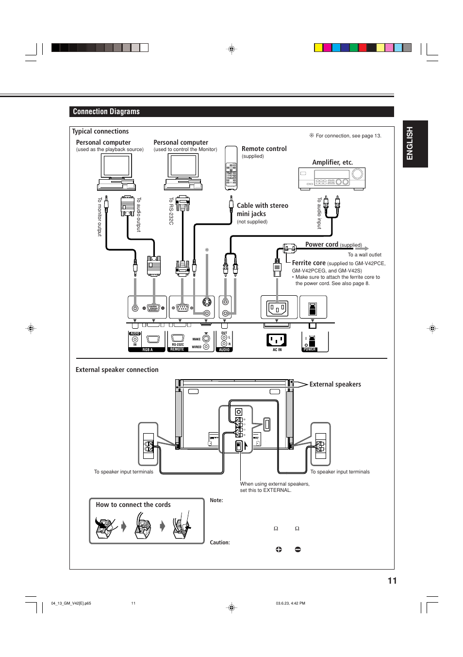 Connection diagrams, English, Typical connections personal computer | Personal computer, Cable with stereo mini jacks, Remote control, Amplifier, etc, External speaker connection external speakers, Power cord, How to connect the cords | JVC GM-V42E User Manual | Page 12 / 43