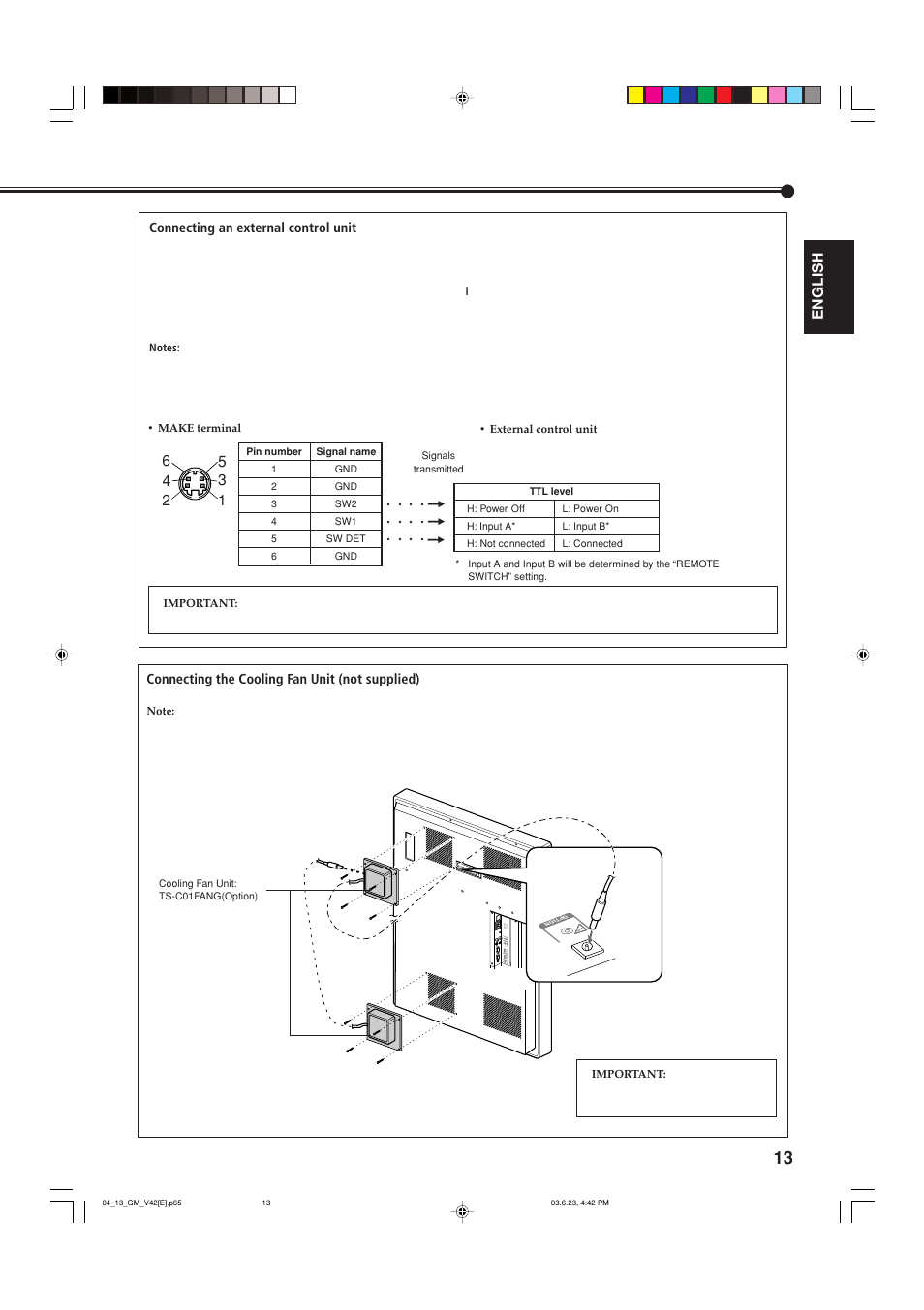 English, Connecting an external control unit, Connecting the cooling fan unit (not supplied) | JVC GM-V42E User Manual | Page 14 / 43