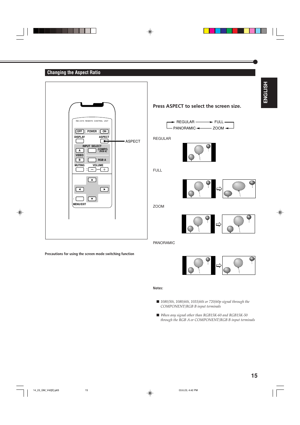 Changing the aspect ratio, English changing the aspect ratio, Press aspect to select the screen size | JVC GM-V42E User Manual | Page 16 / 43