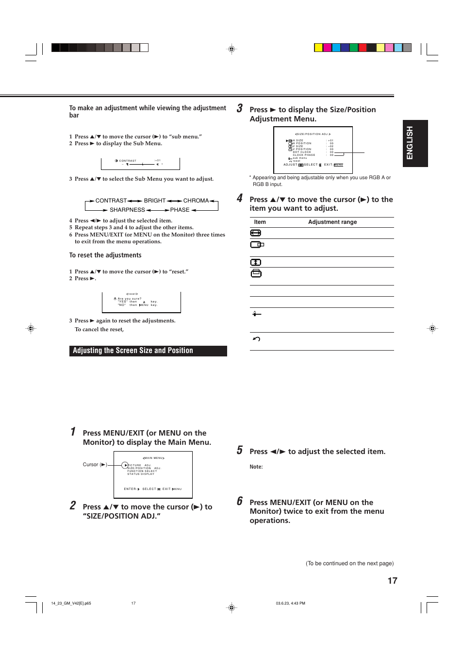 Adjusting the screen size and position, English, Press 2 / 3 to adjust the selected item | JVC GM-V42E User Manual | Page 18 / 43