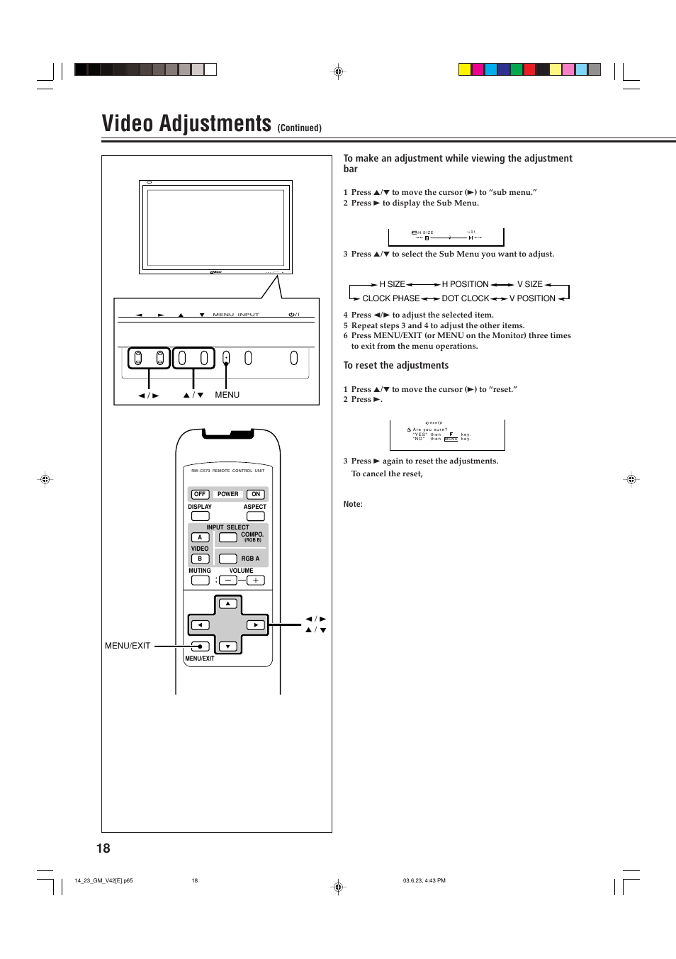 Video adjustments, Menu input | JVC GM-V42E User Manual | Page 19 / 43