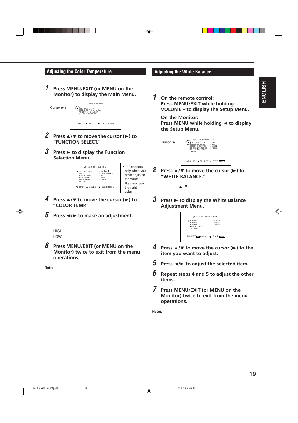 Adjusting the color temperature, Adjusting the white balance | JVC GM-V42E User Manual | Page 20 / 43