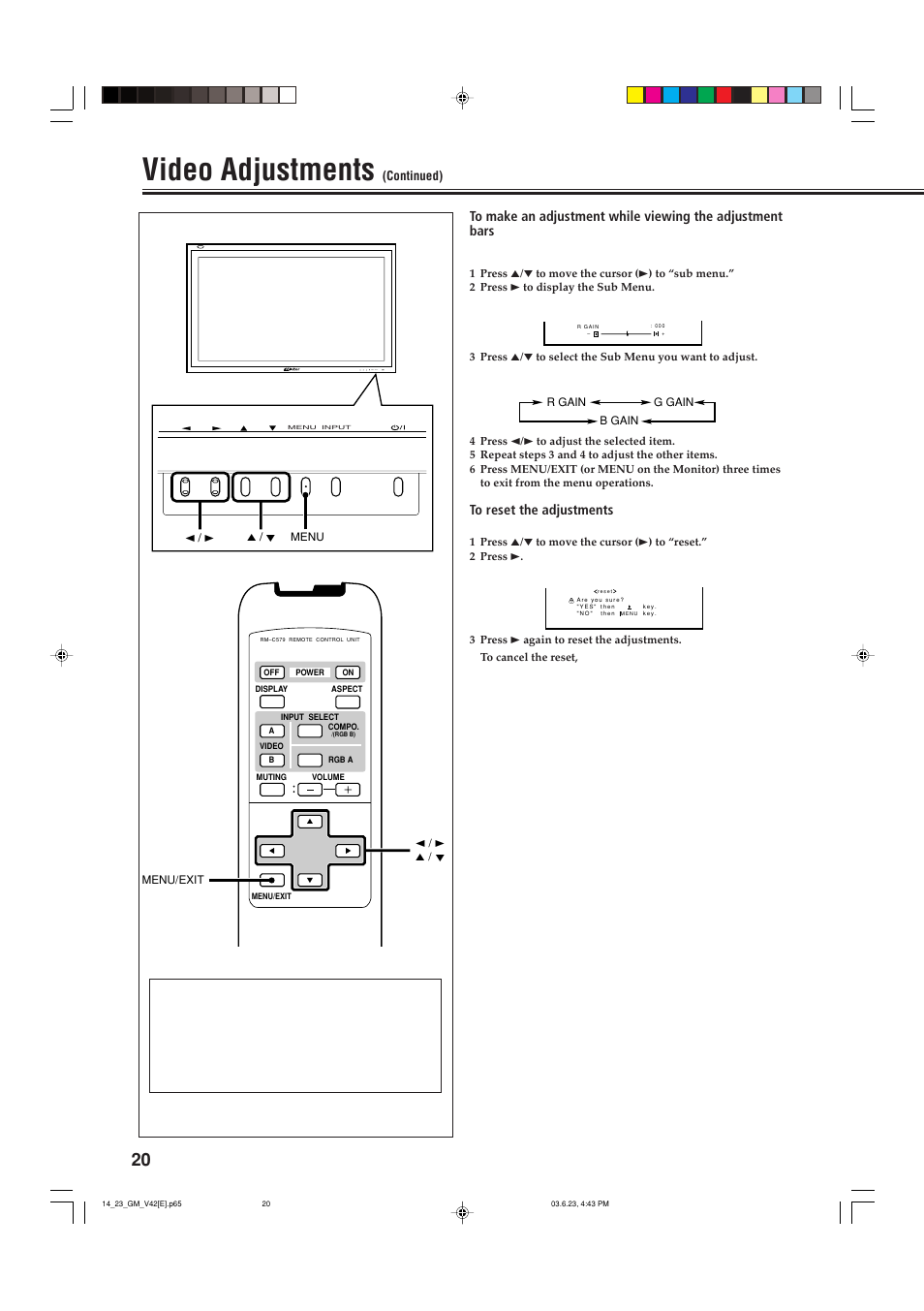 Video adjustments, Menu input | JVC GM-V42E User Manual | Page 21 / 43