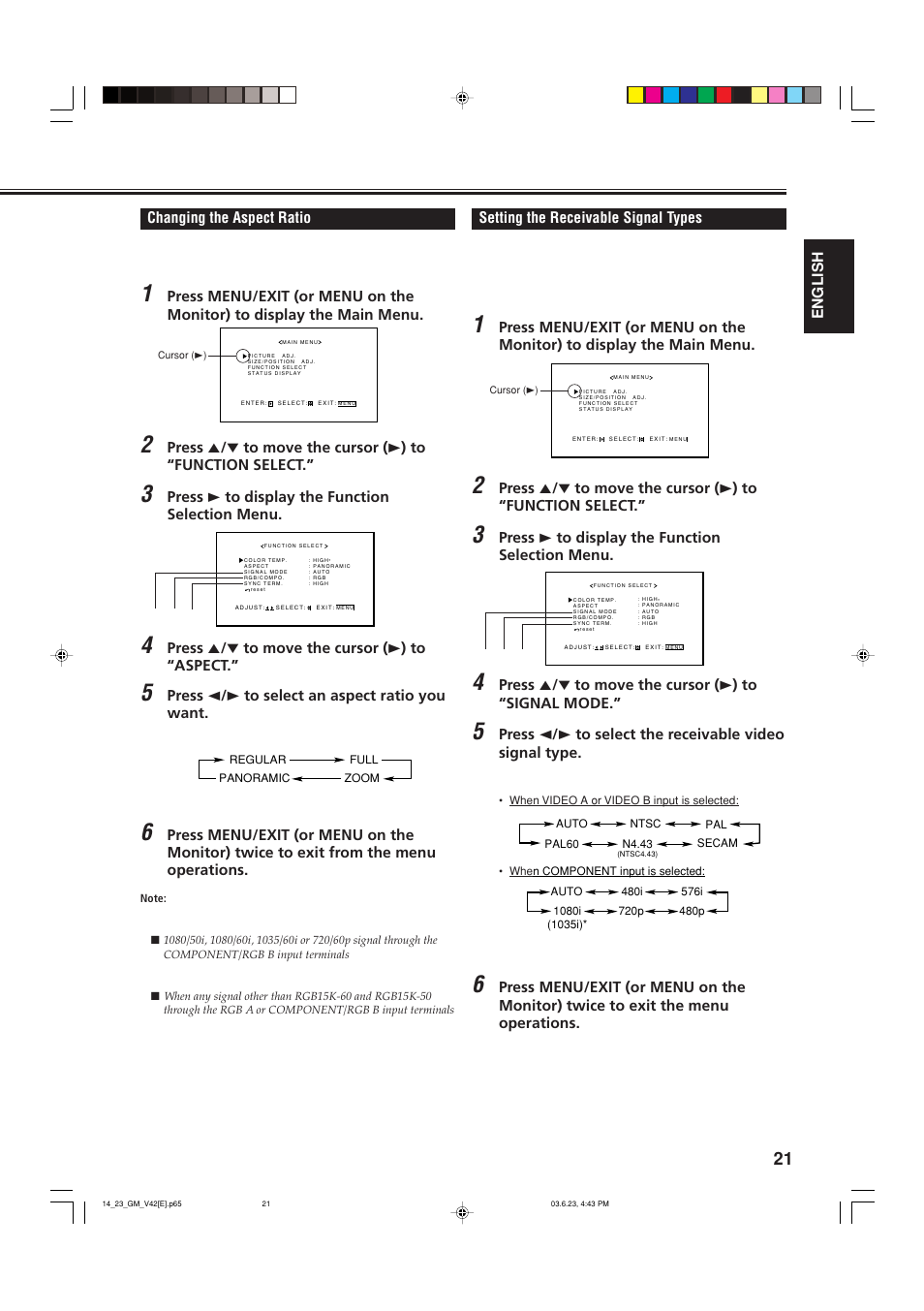 Changing the aspect ratio, Setting the receivable signal types | JVC GM-V42E User Manual | Page 22 / 43