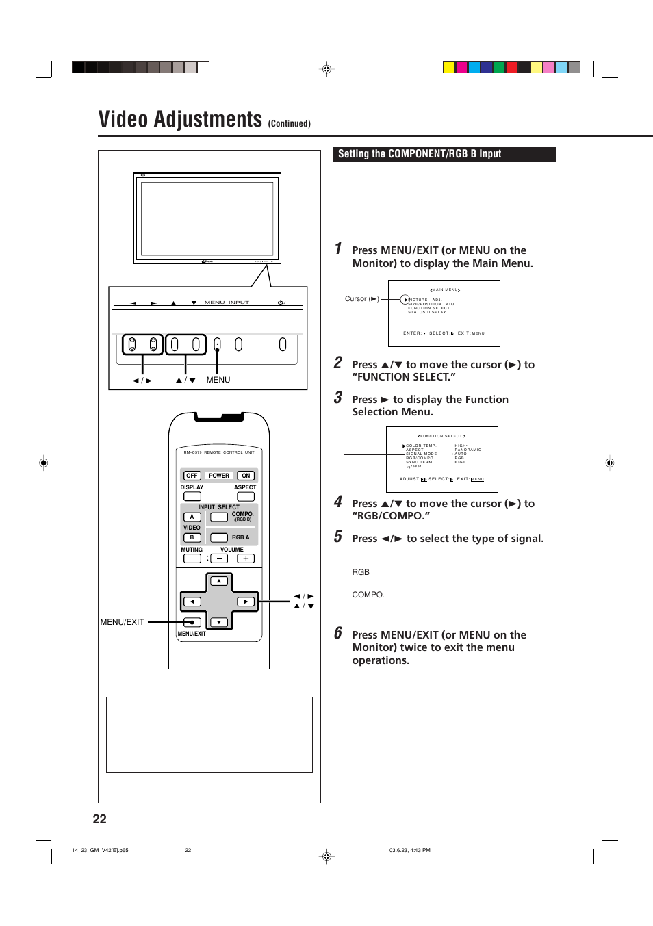 Video adjustments, Setting the component/rgb b input, Press 3 to display the function selection menu | Press 5 / ∞ to move the cursor ( 3 ) to “rgb/compo, Press 2 / 3 to select the type of signal | JVC GM-V42E User Manual | Page 23 / 43