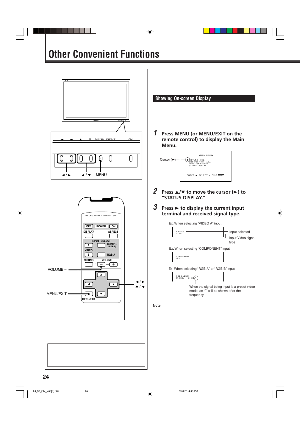 Other convenient functions, Showing on-screen display, Menu input | JVC GM-V42E User Manual | Page 25 / 43