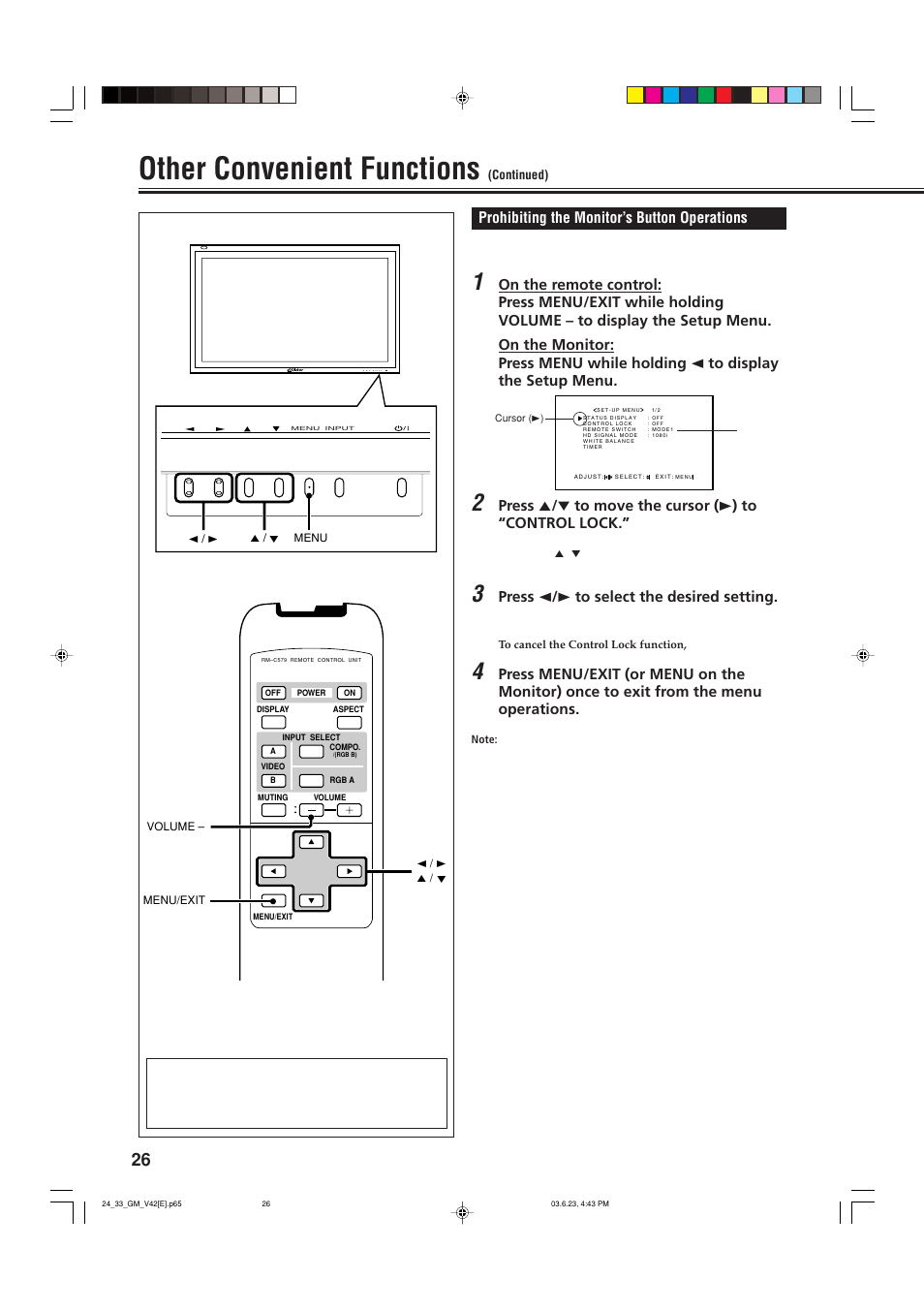 Other convenient functions, Prohibiting the monitor’s button operations, Press 2 / 3 to select the desired setting | JVC GM-V42E User Manual | Page 27 / 43