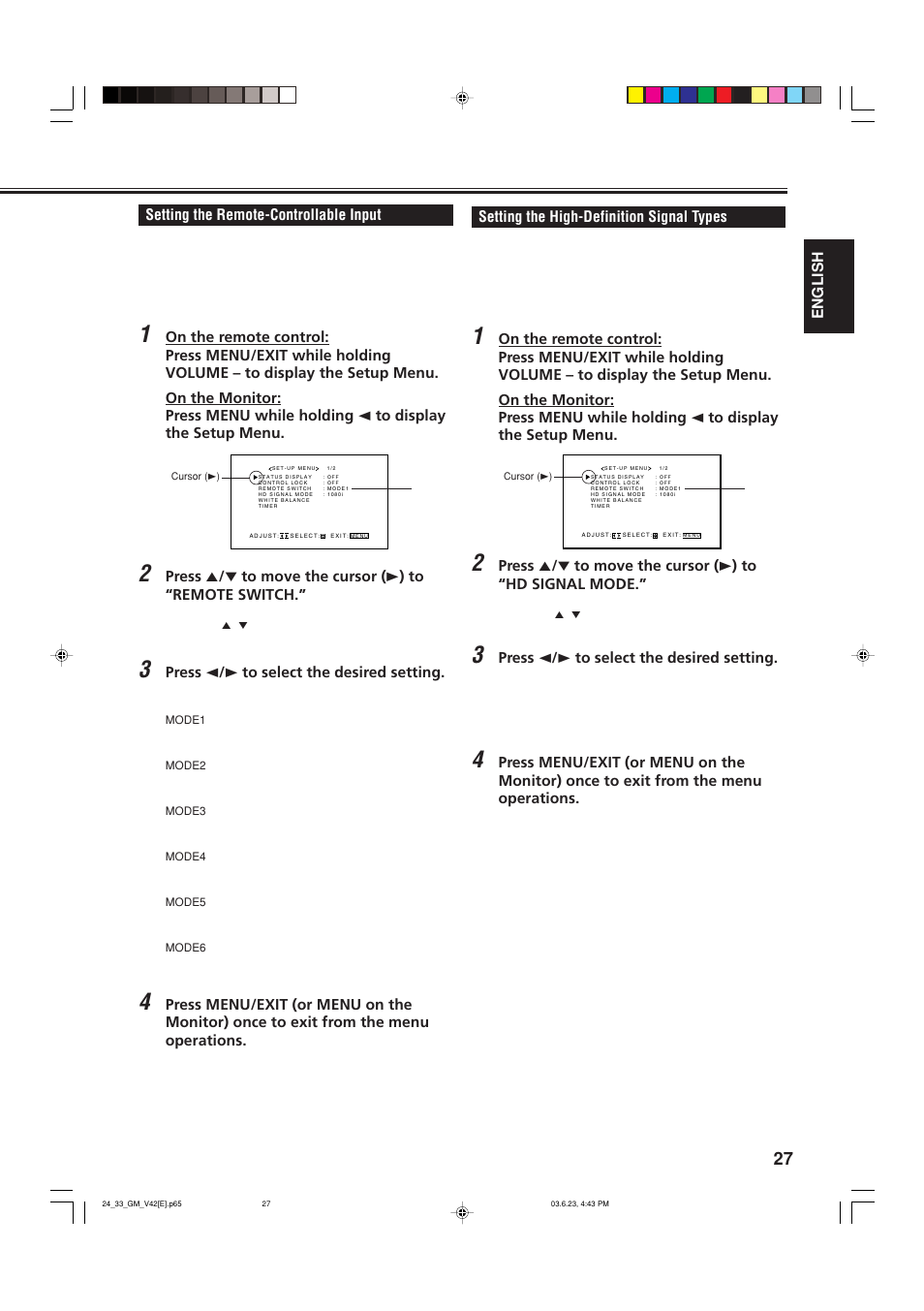 Setting the remote-controllable input, Setting the high-definition signal types | JVC GM-V42E User Manual | Page 28 / 43