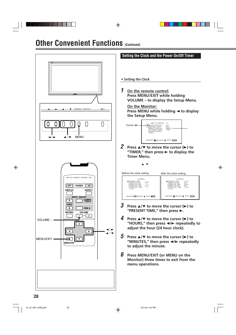 Other convenient functions, Setting the clock and the power on/off timer | JVC GM-V42E User Manual | Page 29 / 43
