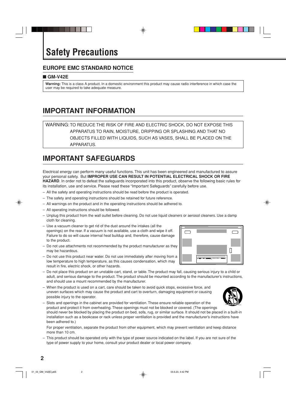 Safety precautions, Important information, Important safeguards | 2europe emc standard notice | JVC GM-V42E User Manual | Page 3 / 43