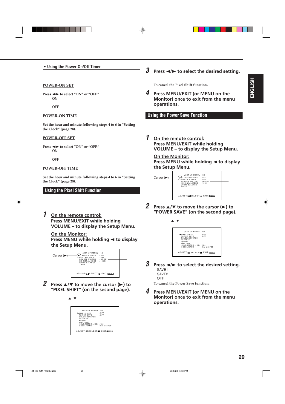 Using the pixel shift function, Using the power save function, English | Press 2 / 3 to select the desired setting | JVC GM-V42E User Manual | Page 30 / 43
