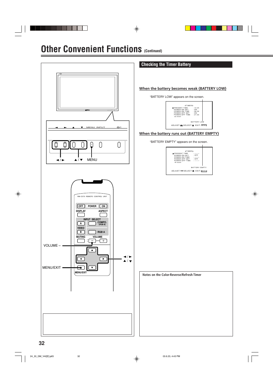 Other convenient functions, Checking the timer battery, Menu input | When the battery becomes weak (battery low), When the battery runs out (battery empty), Continued) | JVC GM-V42E User Manual | Page 33 / 43