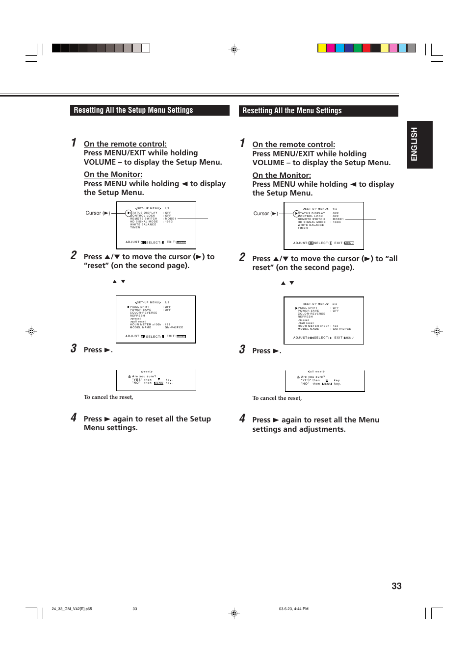 Resetting all the setup menu settings, Resetting all the menu settings, English resetting all the menu settings | Press 3, Press 3 again to reset all the setup menu settings | JVC GM-V42E User Manual | Page 34 / 43