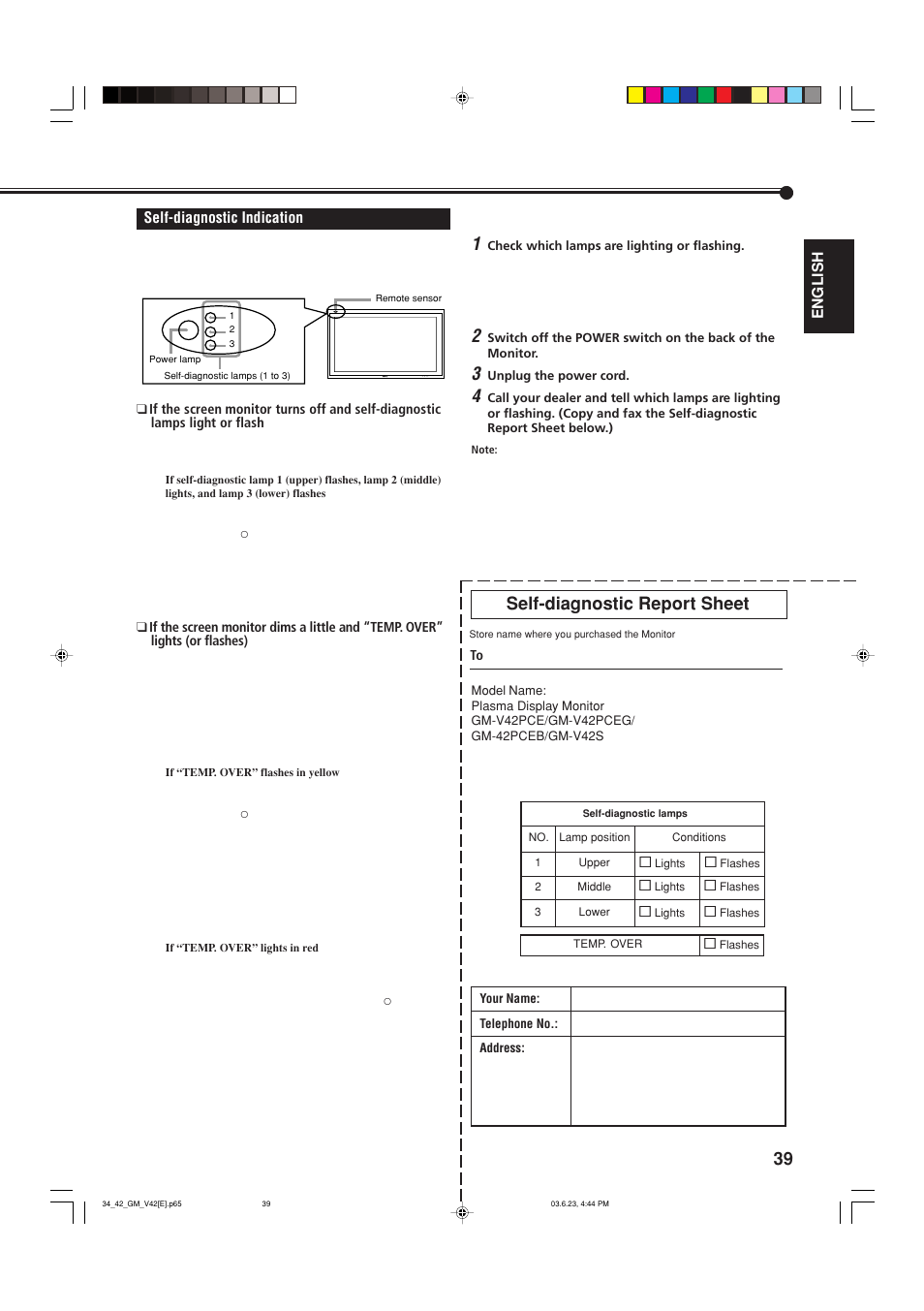 Self-diagnostic indication, Self-diagnostic report sheet | JVC GM-V42E User Manual | Page 40 / 43