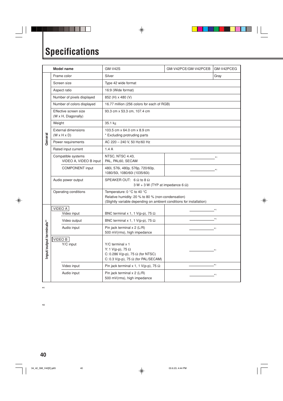 Specifications | JVC GM-V42E User Manual | Page 41 / 43