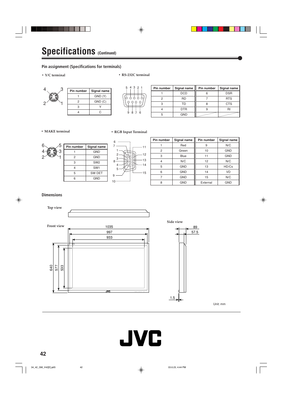 Specifications | JVC GM-V42E User Manual | Page 43 / 43