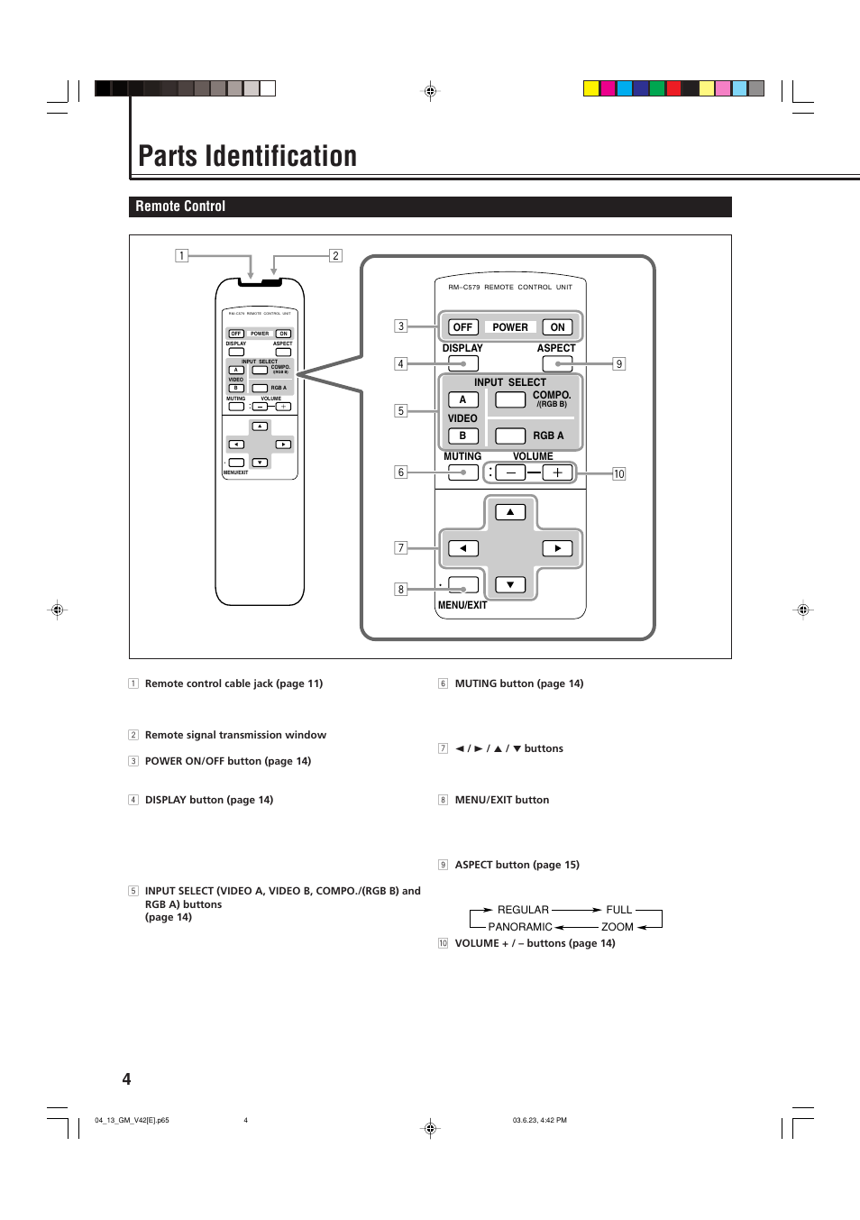 Parts identification, Remote control | JVC GM-V42E User Manual | Page 5 / 43