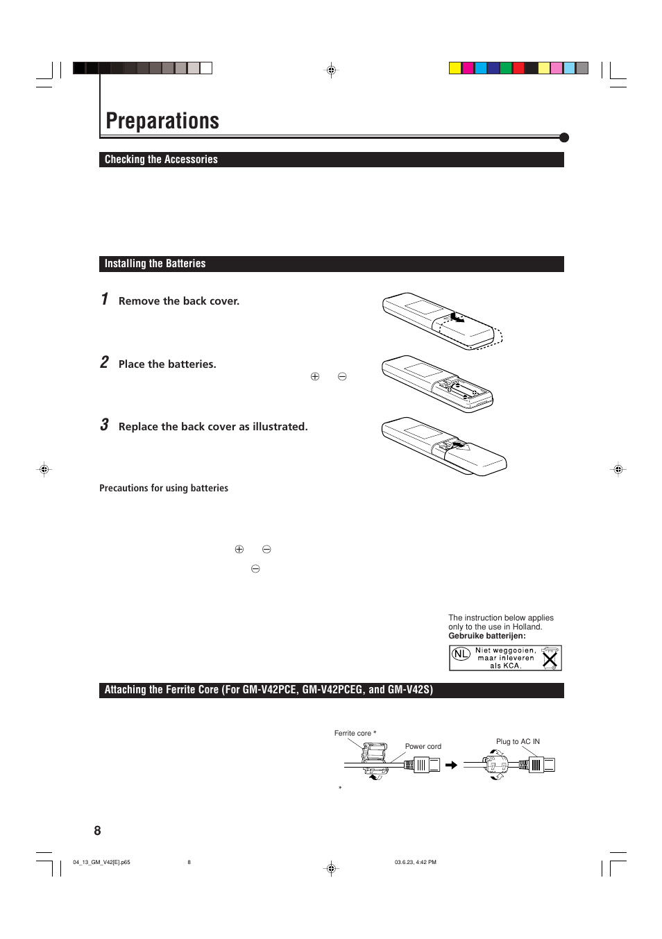 Preparations, Checking the accessories, Installing the batteries | JVC GM-V42E User Manual | Page 9 / 43