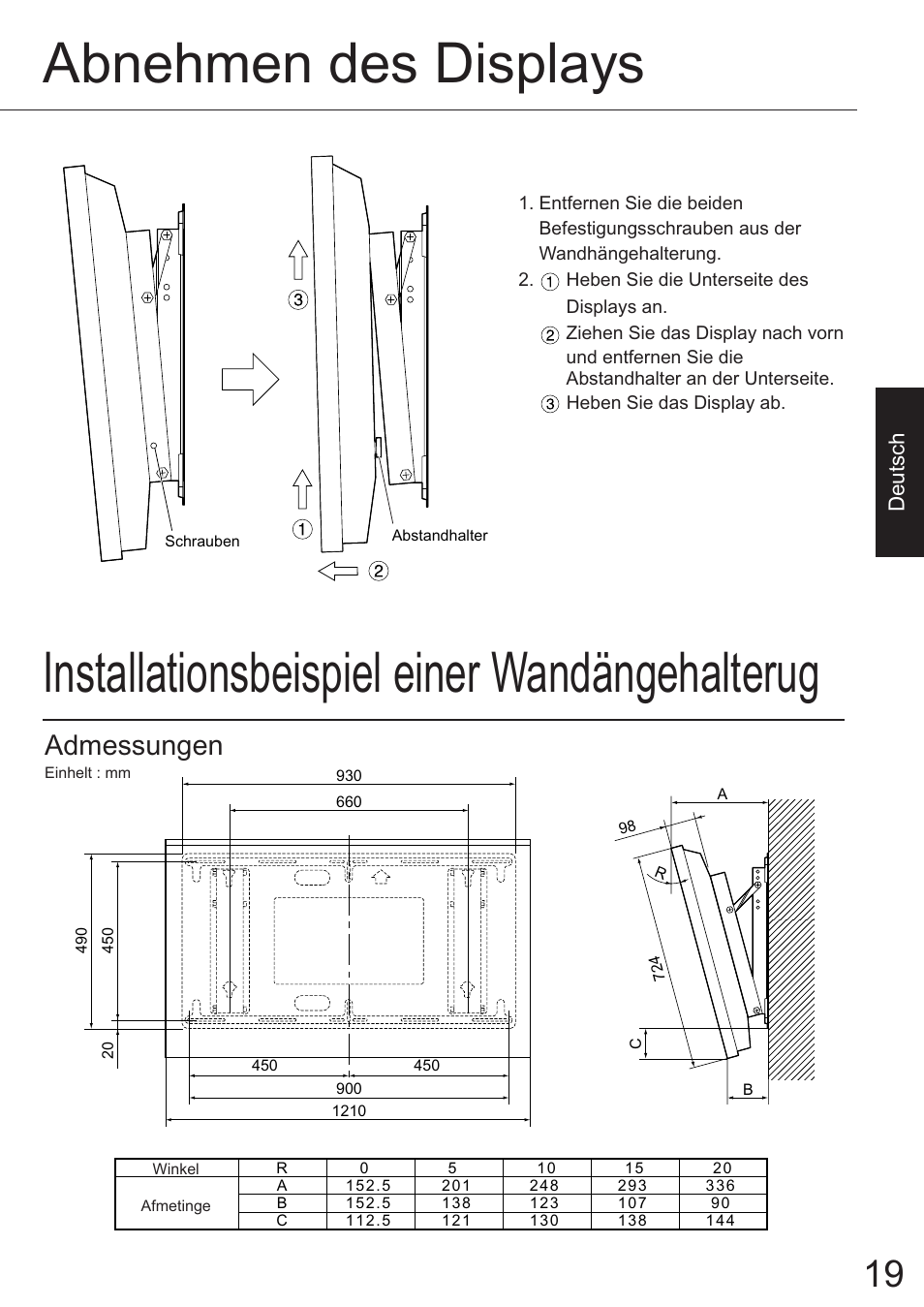 Abnehmen des displays, Installationsbeispiel einer wandängehalterug, Admessungen | Deutsch | JVC TS-C50P6G User Manual | Page 12 / 72