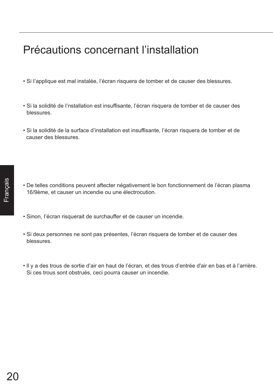 Francais, 20 précautions concernant l’installation | JVC TS-C50P6G User Manual | Page 13 / 72