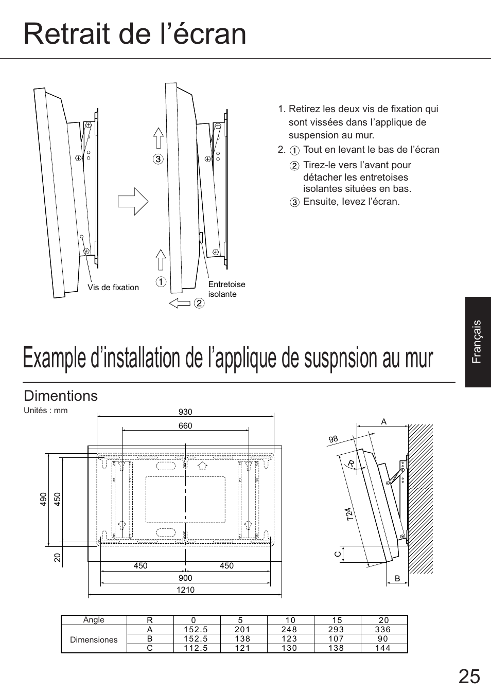 Retrait de l’écran, Dimentions, Fran çais | JVC TS-C50P6G User Manual | Page 18 / 72