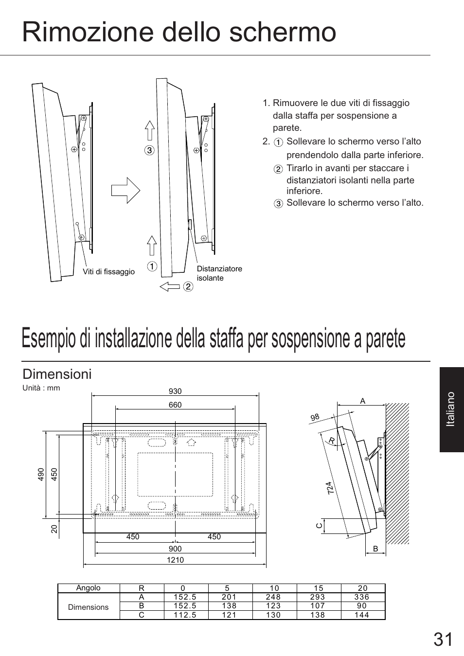 Rimozione dello schermo, Dimensioni, Italiano | JVC TS-C50P6G User Manual | Page 24 / 72