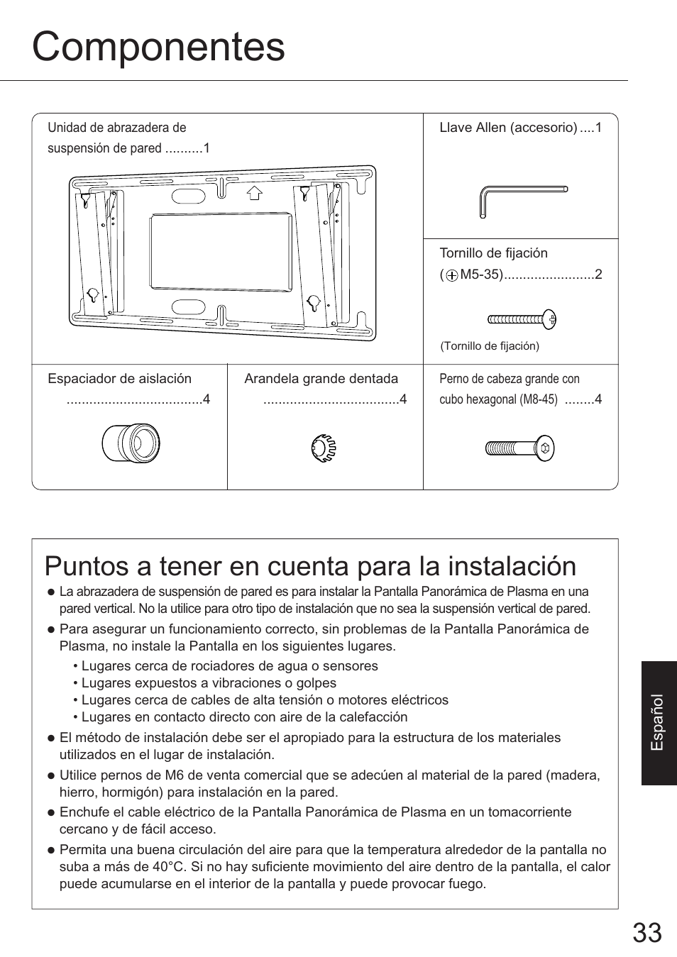 Componentes, Puntos a tener en cuenta para la instalación | JVC TS-C50P6G User Manual | Page 26 / 72