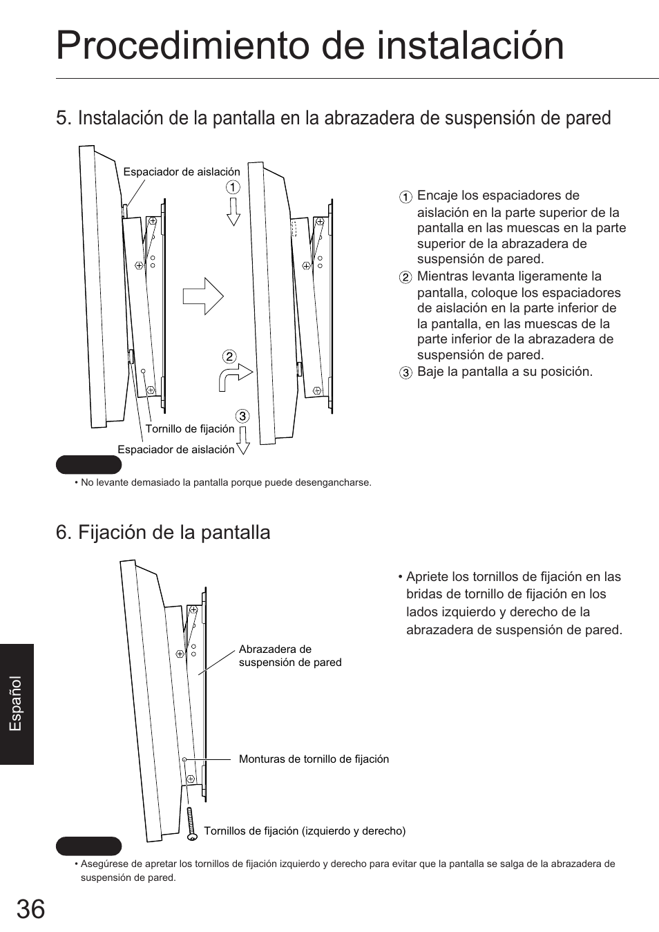 Procedimiento de instalación, Fijación de la pantalla | JVC TS-C50P6G User Manual | Page 29 / 72