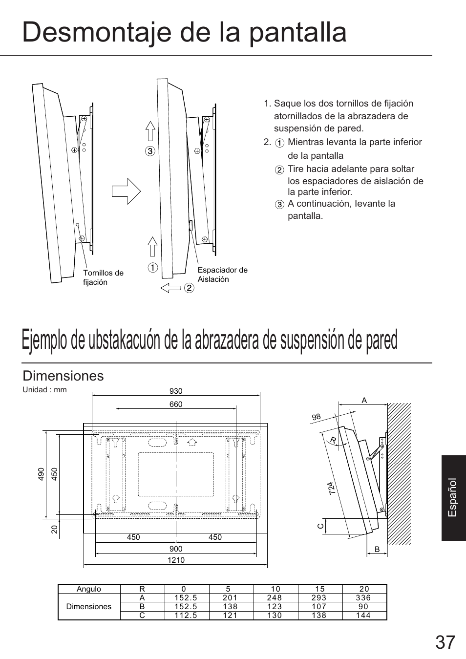 Desmontaje de la pantalla, Dimensiones, Espa ñol | JVC TS-C50P6G User Manual | Page 30 / 72