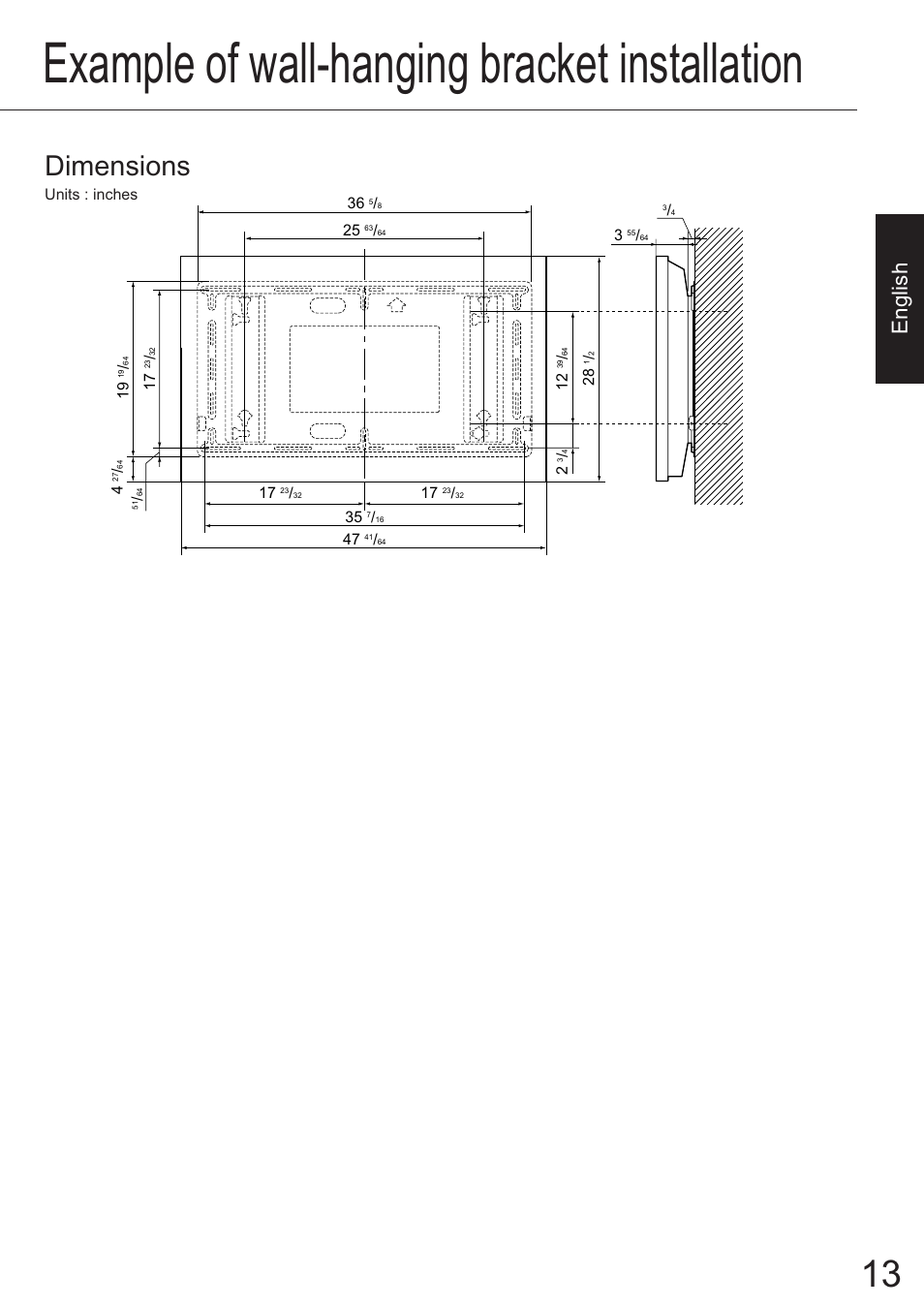Example of wall-hanging bracket installation, Dimensions, English | JVC TS-C50P6G User Manual | Page 42 / 72