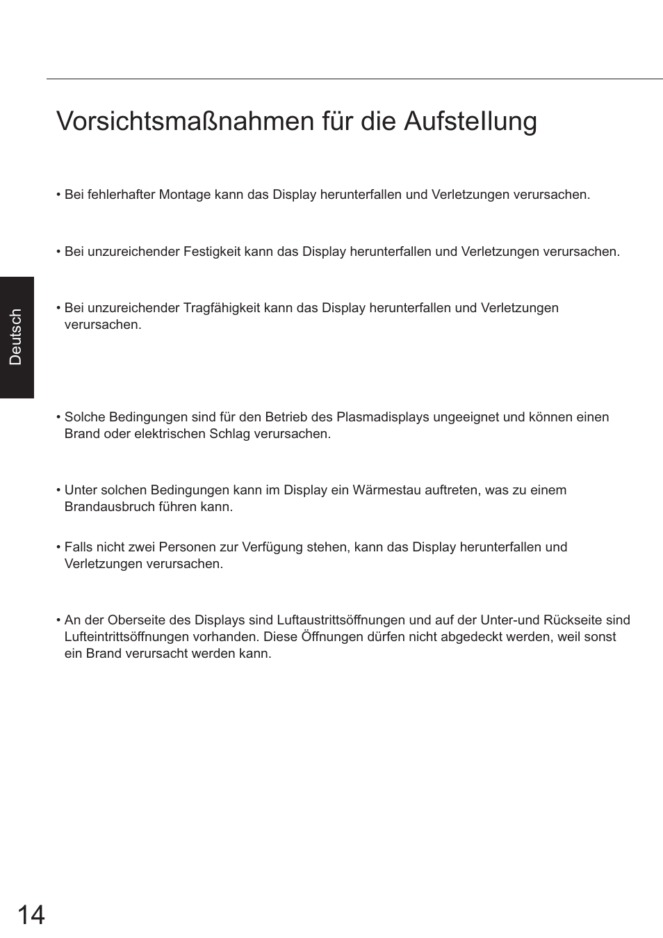 Deutsch, Vorsichtsmaßnahmen für die aufsteilung | JVC TS-C50P6G User Manual | Page 43 / 72