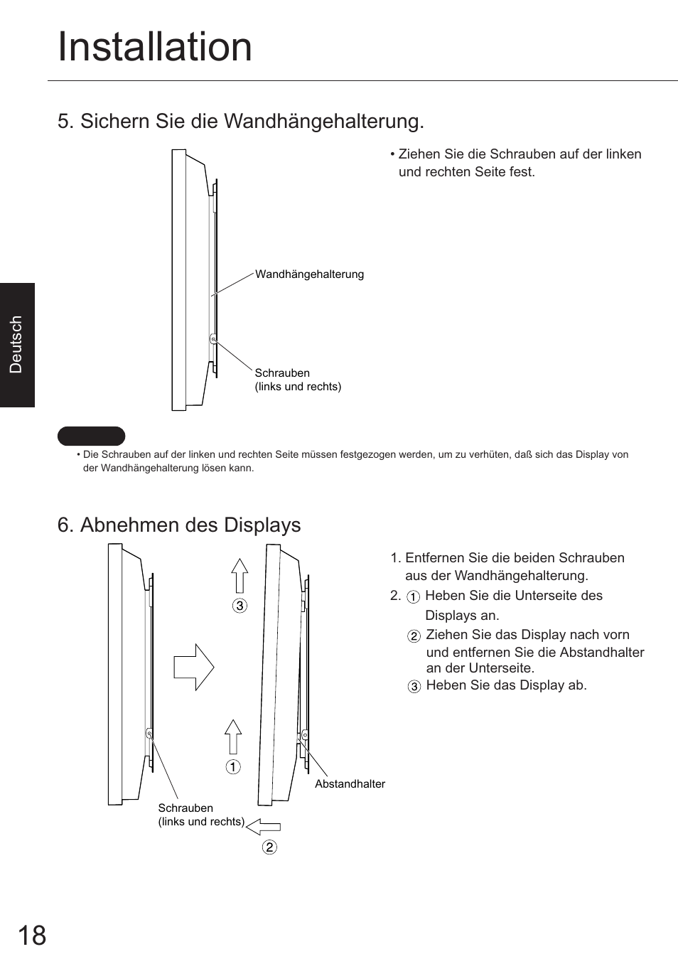 Installation, Sichern sie die wandhängehalterung, Abnehmen des displays | JVC TS-C50P6G User Manual | Page 47 / 72